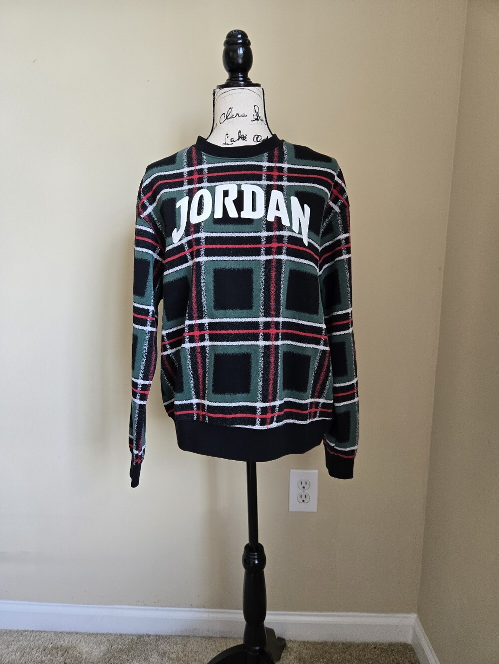 Jordan Sweatshirt Womens S Green Plaid Crewneck Pullover